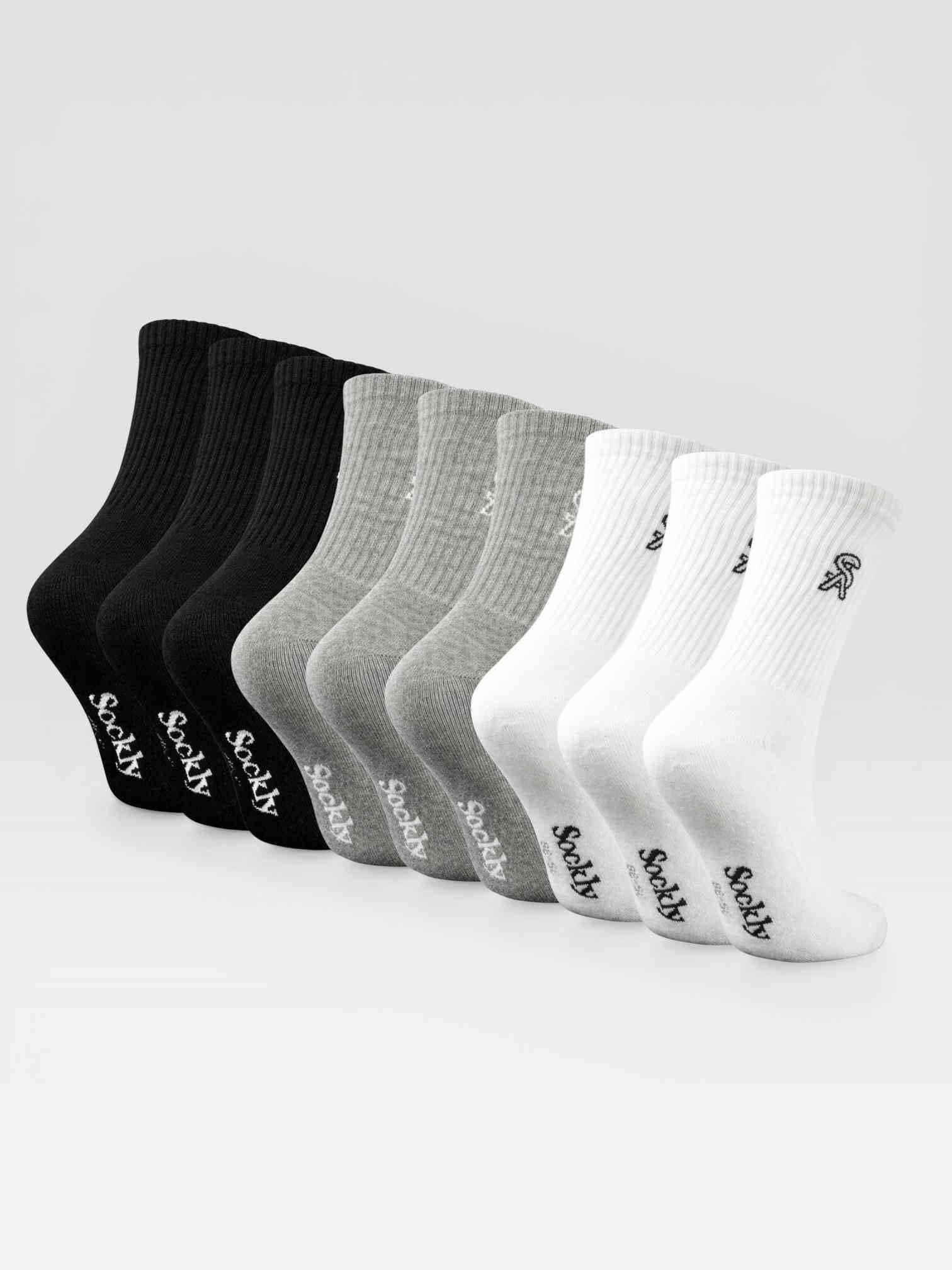 Negen Sockly Essential sokken in zwart wit en grijs achteraanzicht