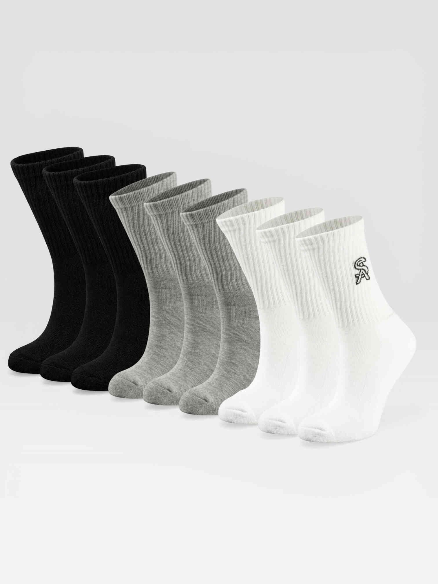 Negen Sockly Essential sokken in zwart wit en grijs vooraanzicht